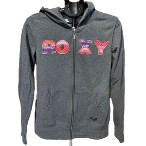 Roxy Womens M Gray Full Zip Hooded Cotton Blend Sweatshirt Appliqué Letters Soft